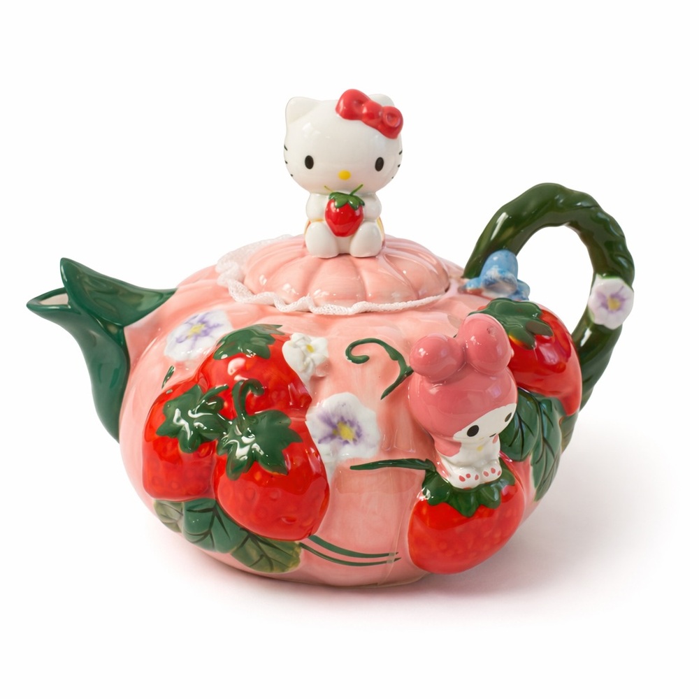 NWT Blue Sky Clayworks Hello Kitty and Melody Ceramic Strawberry Teapot